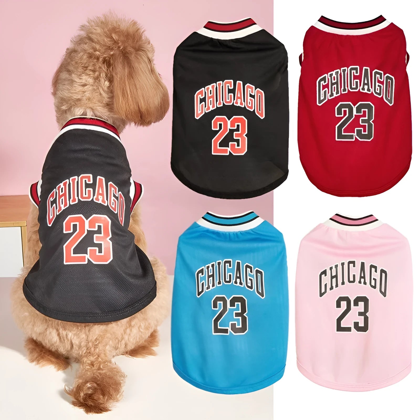 Mesh polyester dog basketball vest in black with basketball design, side view on a white background
