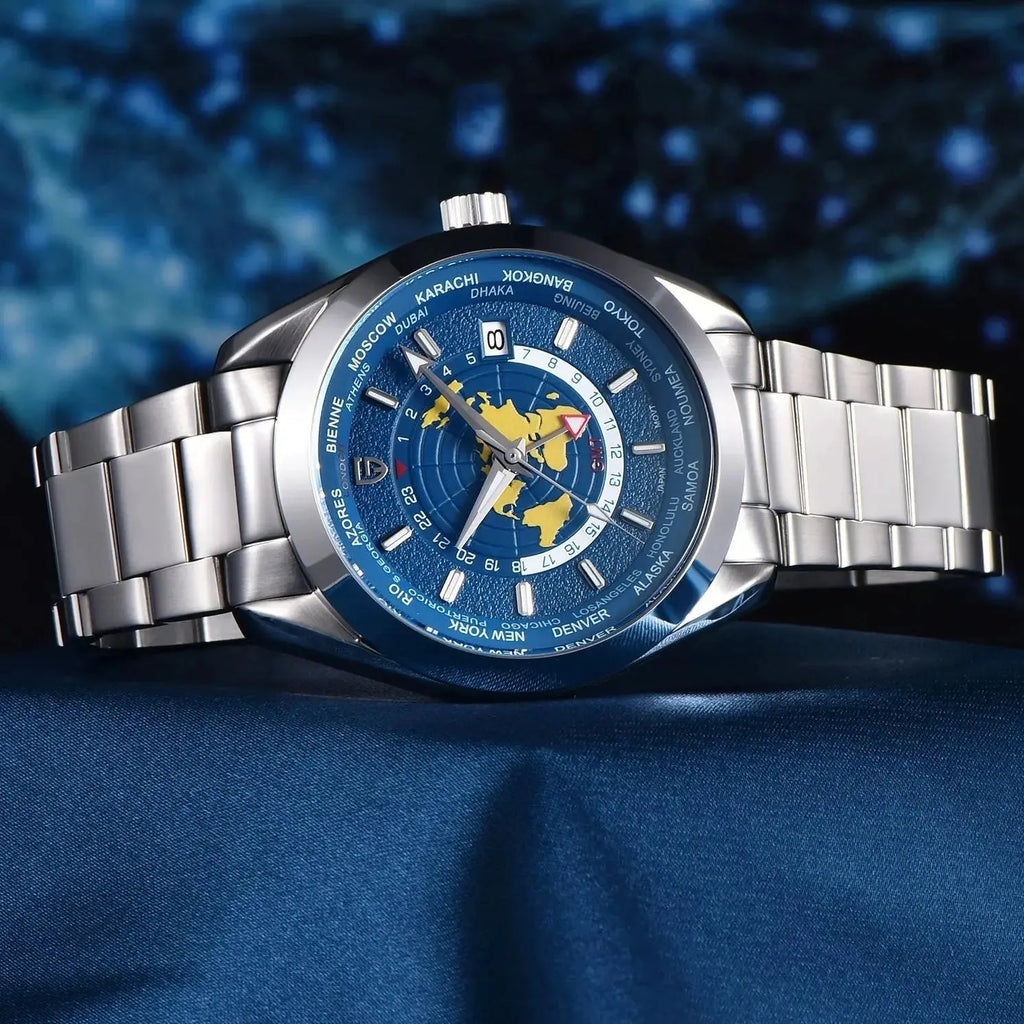 Men's mechanical GMT dual time zone watch with 40mm dial, sapphire crystal glass, and stainless steel buckle, blue dial
