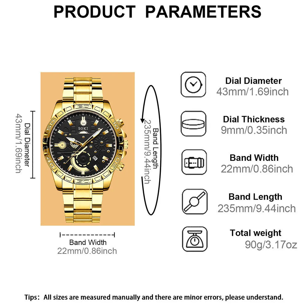 Men's gold-colour business quartz watch with stainless steel strap and calendar on dial