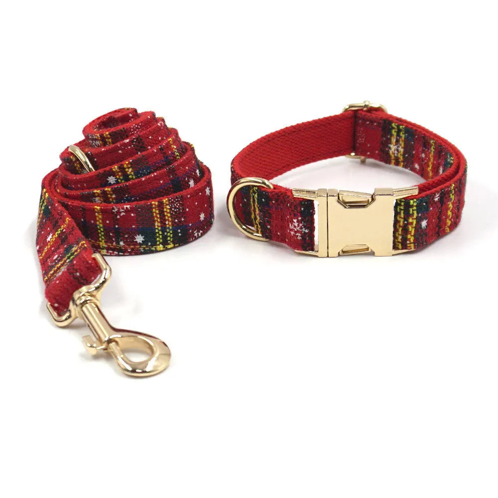 Red Christmas dog accessory set with collar, lead, bow, harness and waste bag in laser cut cloth