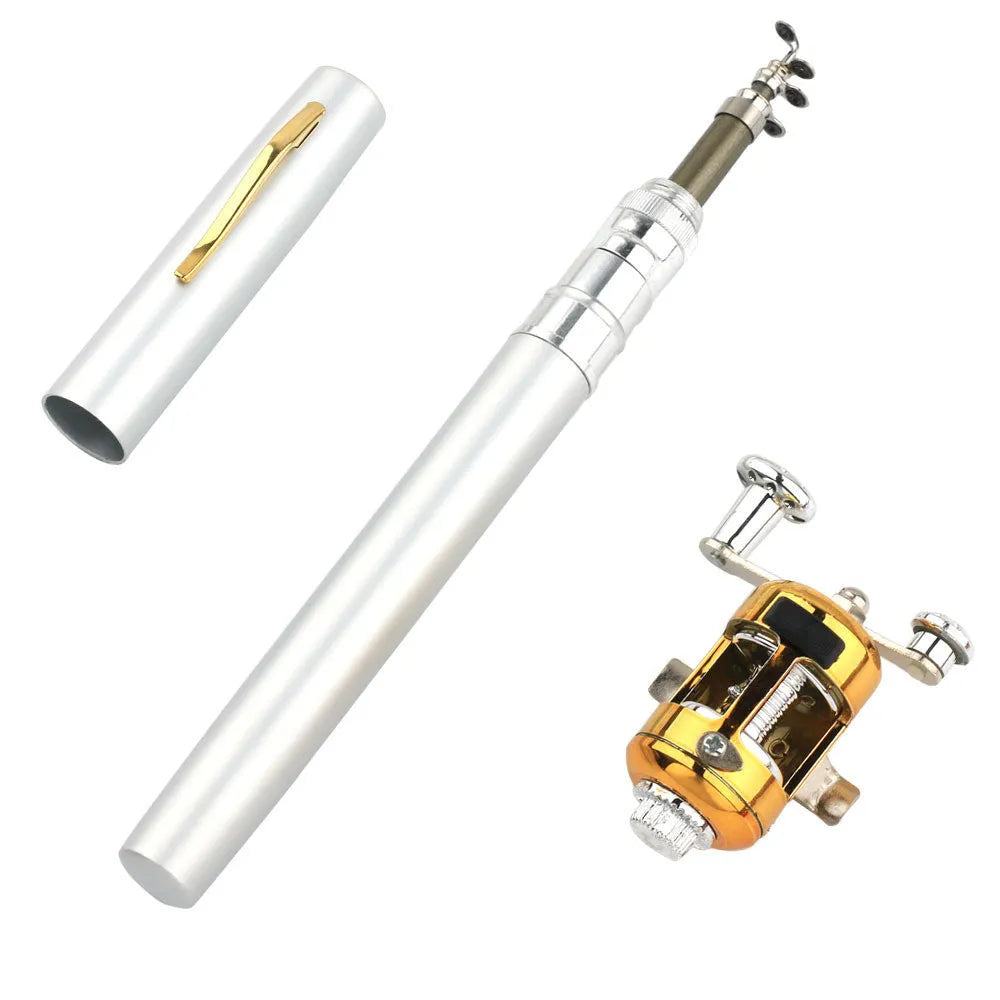 Gold telescopic pen fishing rod kit with black reel, collapsed in aluminium case and extended to 1 metre.