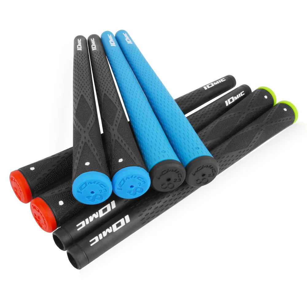 TPE material golf club grip in various colours including pink, red, blue, white, and black with coloured heads.