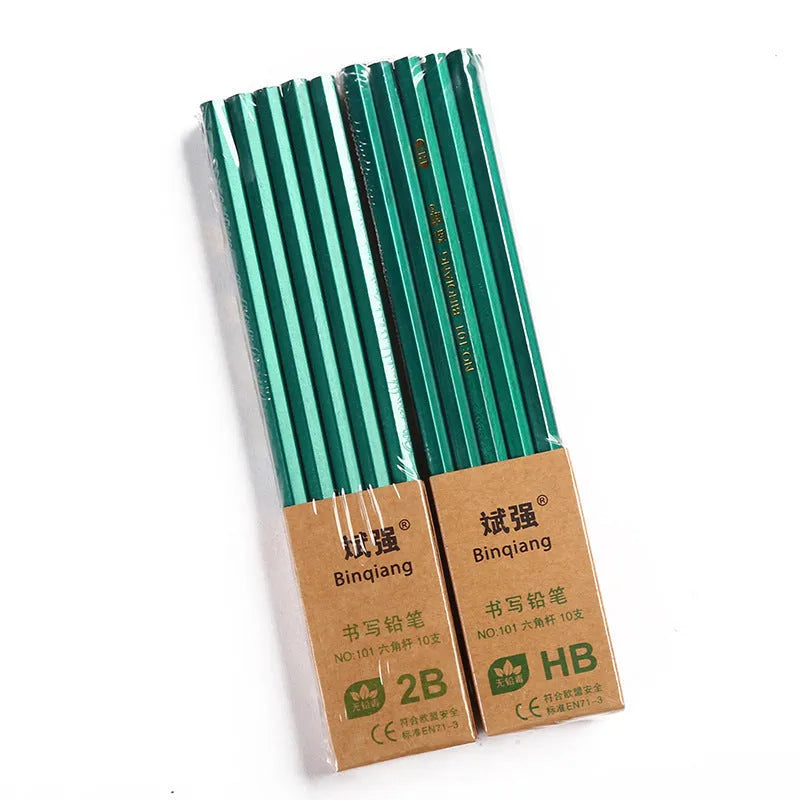 Set of 10 green hexagonal wooden pencils with HB and 2B graphite grades for writing and sketching