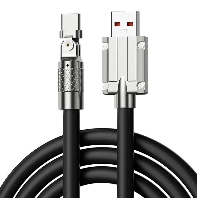 Orange mobile game charging cable with rotating elbow design showing Lightning, Micro USB and Type-C connectors