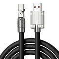 Orange mobile game charging cable with rotating elbow design showing Lightning, Micro USB and Type-C connectors