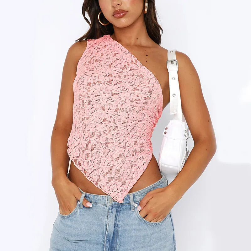 Women's slim fit lace backless sleeveless vest in a solid colour with an asymmetrical neckline.