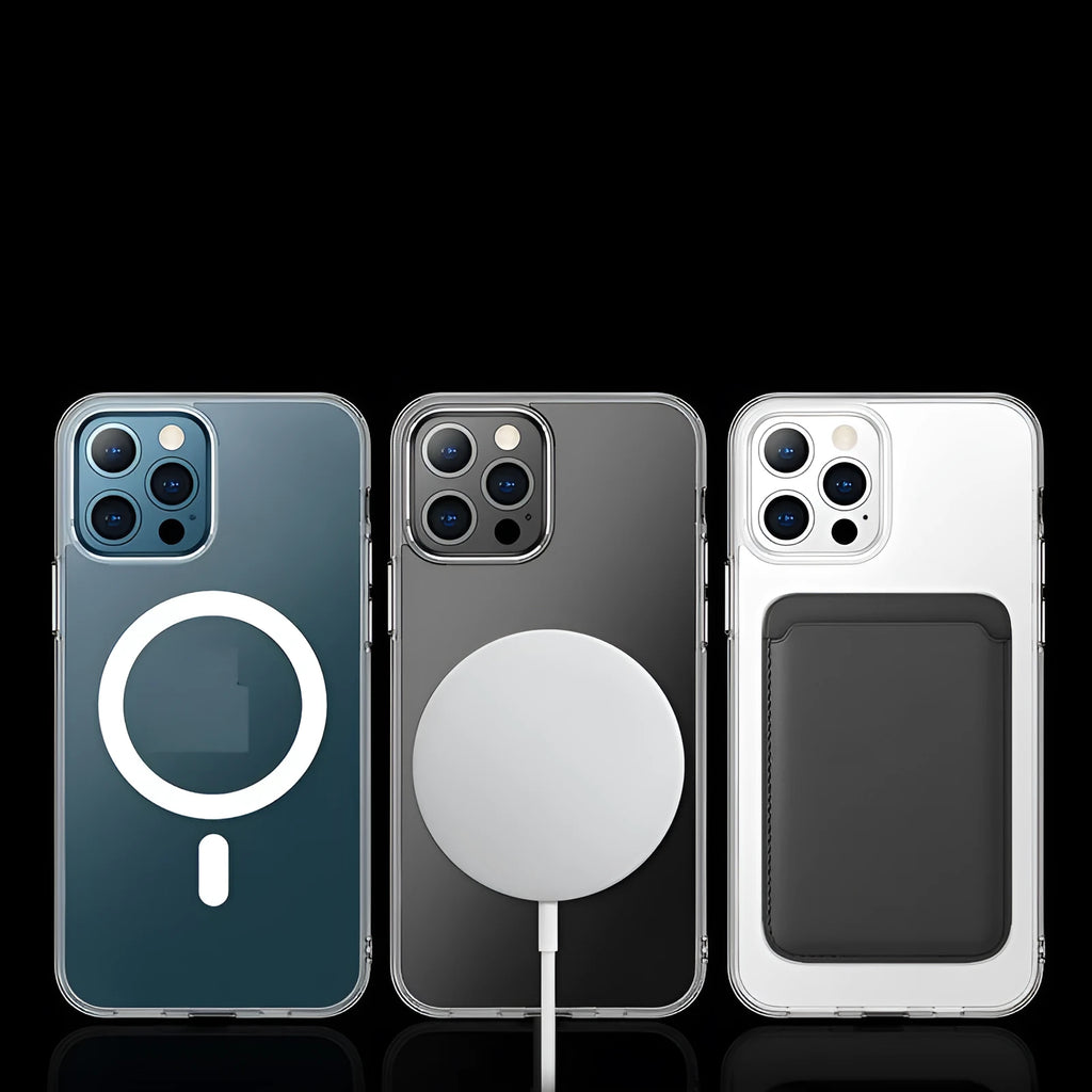 Clear magnetic hard back case for iPhone on a MagSafe charging puck