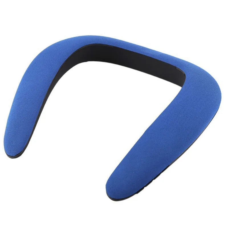 Blue neck-mounted U-shaped Bluetooth sports speaker worn around neck for hands-free audio during running