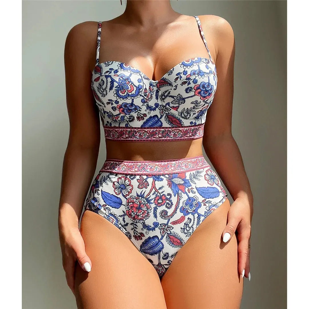 Blue women's high-waist push-up bikini swimsuit with sleeveless design