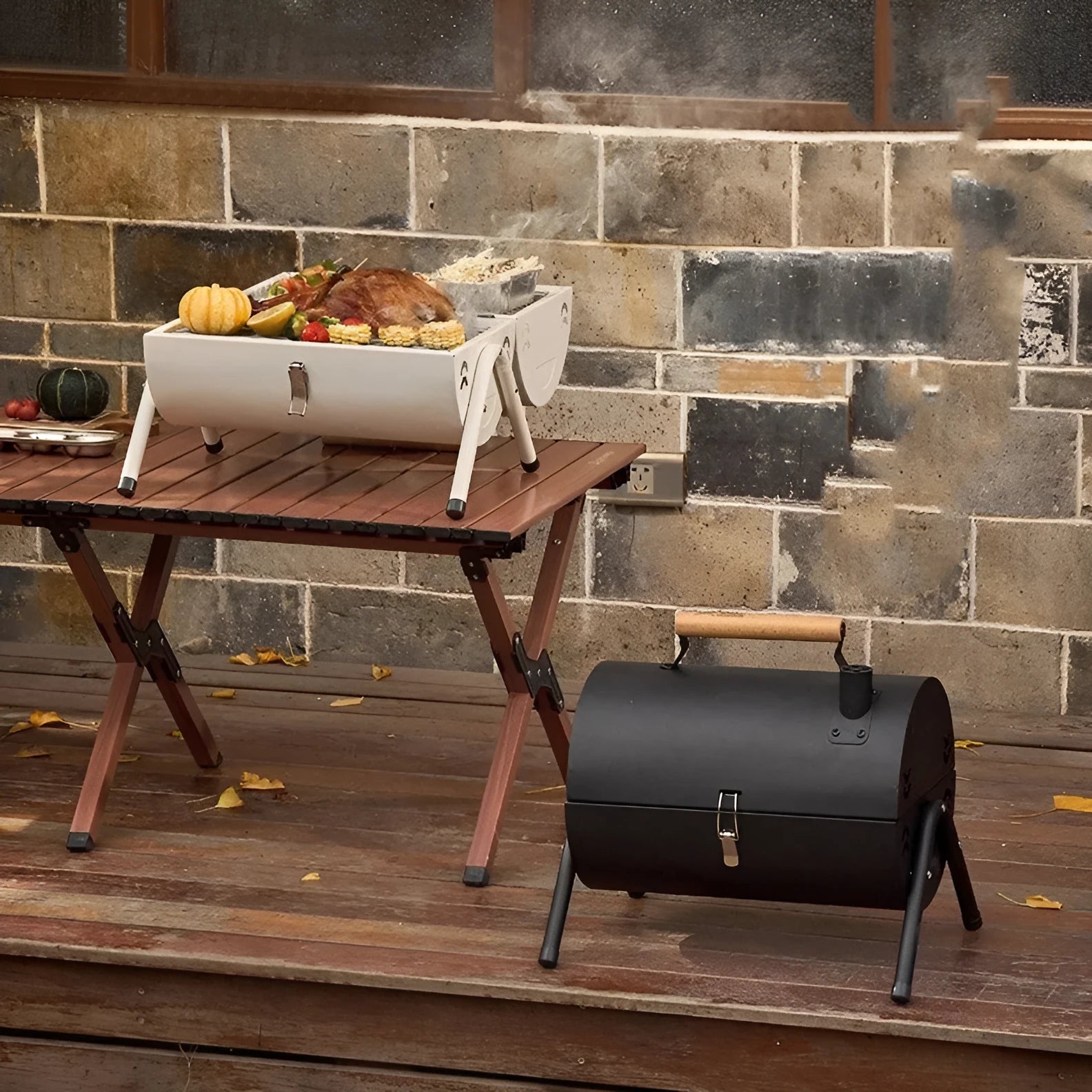 White round portable folding grill for outdoor frying and baking.