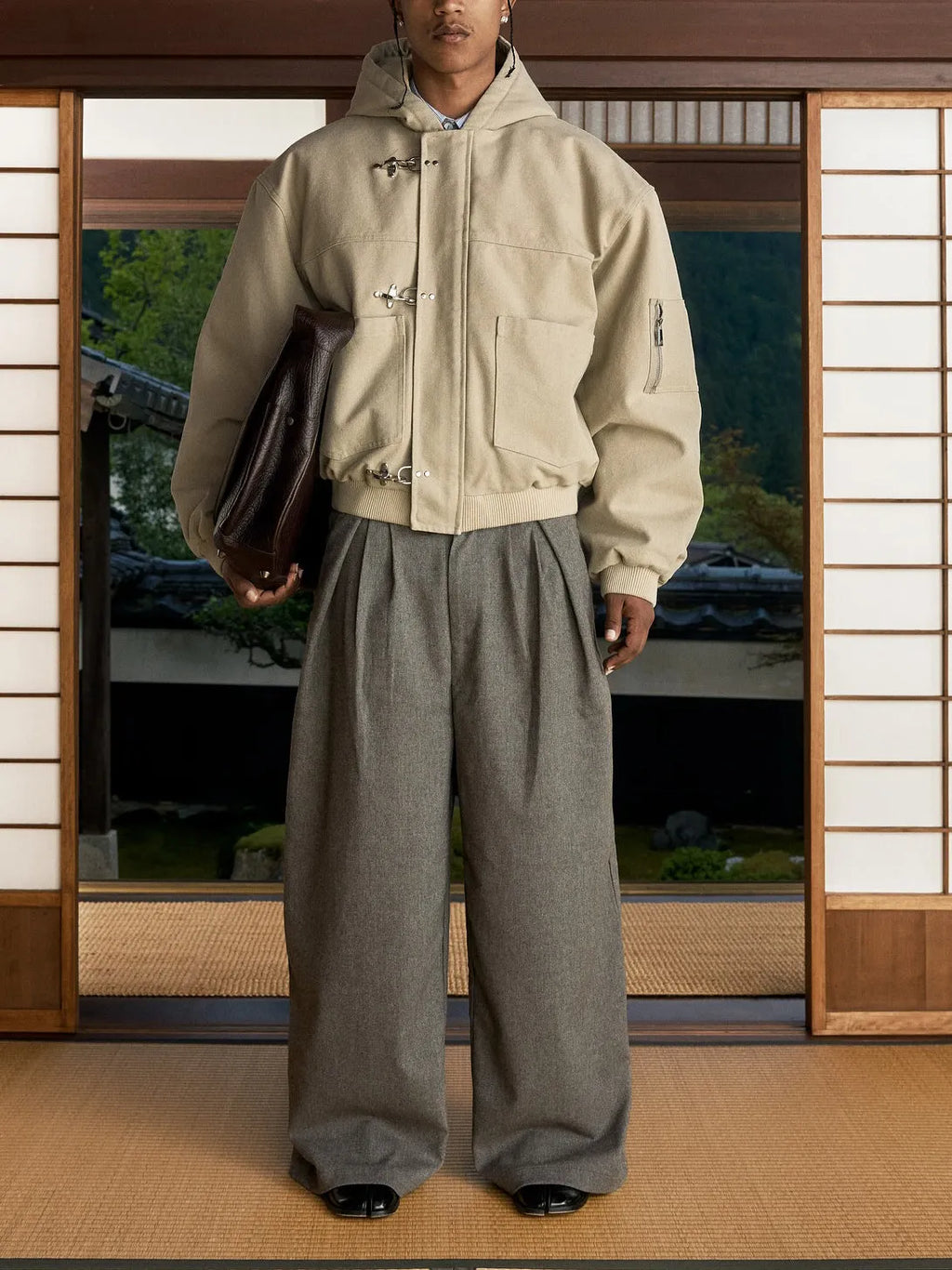 Beige duffle coat with hood and toggle closure, polyester regular fit daily wear jacket