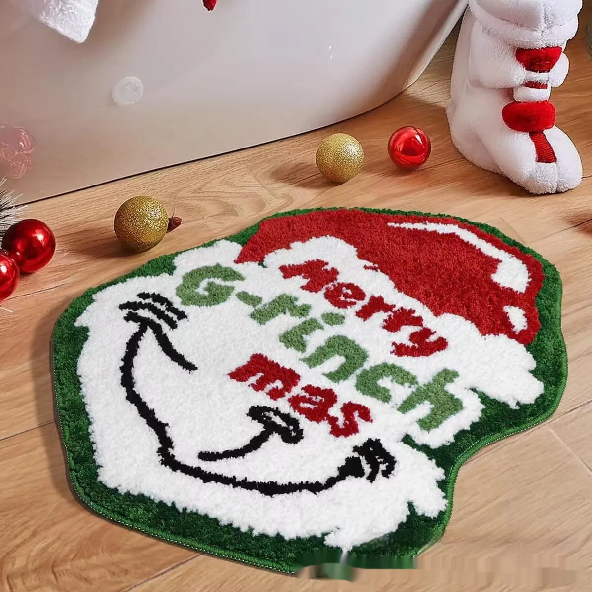 Printed red and green Christmas themed hallway runner mat with anti-slip backing.