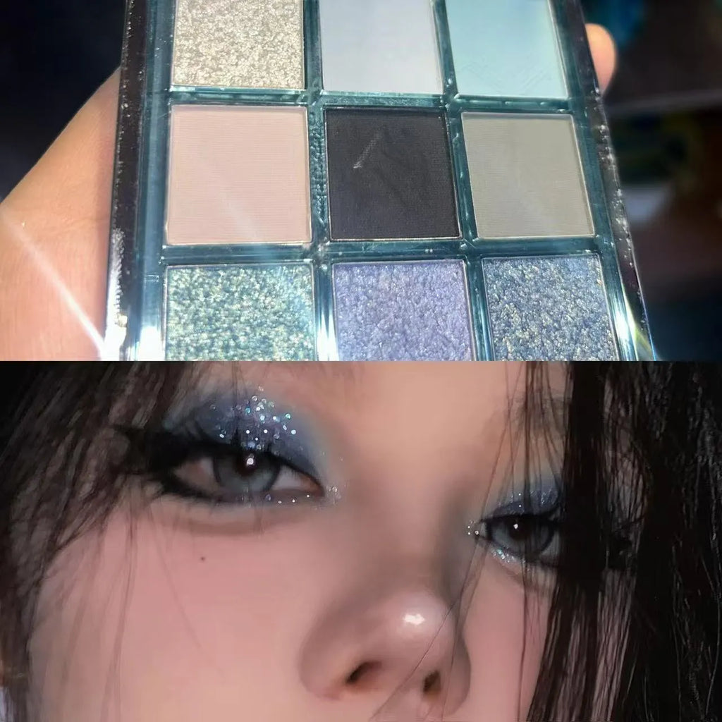 MUGELEEN nine-colour eye shadow palette showing matte and shimmer finishes in low saturation tones