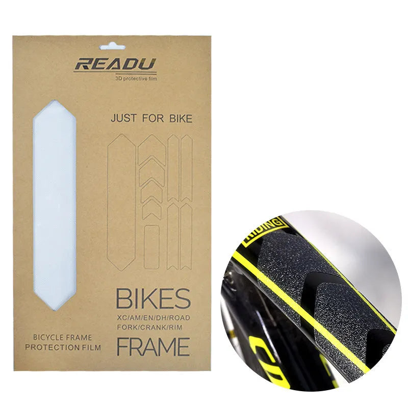 Mountain bike frame protective film in various pattern options including Charming Girl and Magic Big Mouth designs