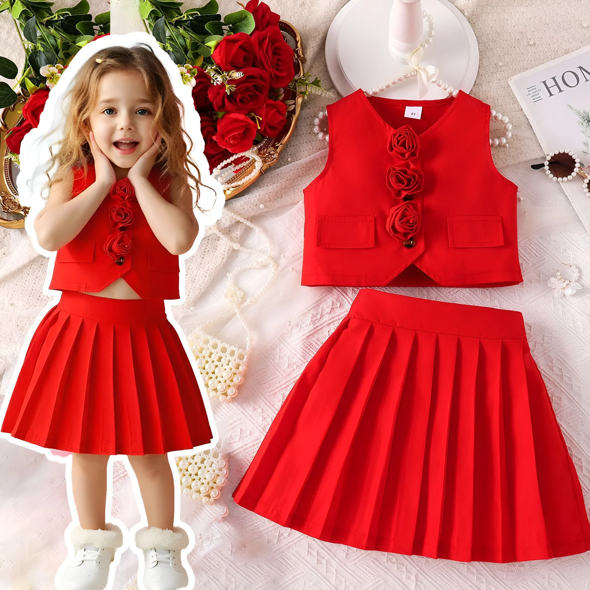 Girls' polyester suit vest and pleated skirt set in red, pink, or purple, sizes 4Y to 7Y