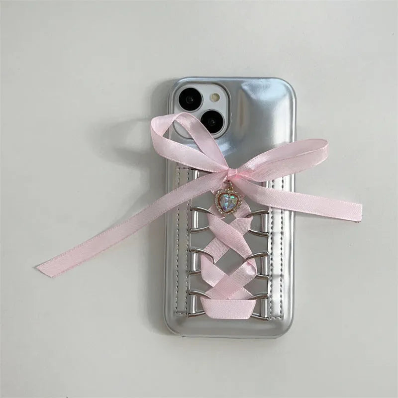 Electroplated silver PC phone case with shoelace bow for iPhone 15, blue colour