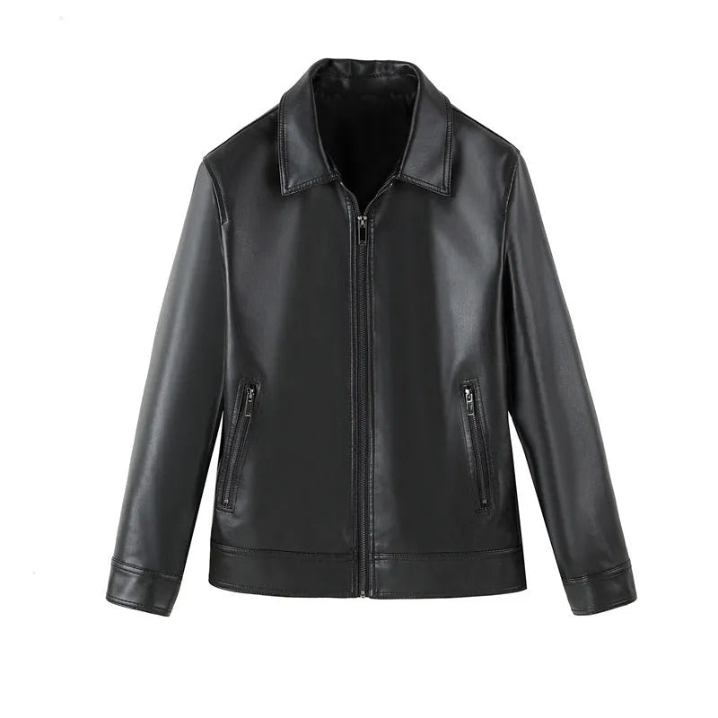 Men's black PU leather casual jacket showing front zipper and zippered pockets