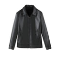 Men's black PU leather casual jacket showing front zipper and zippered pockets