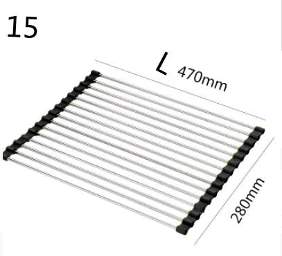 Folding stainless steel kitchen sink drying rack in red colour, shown extended for use.