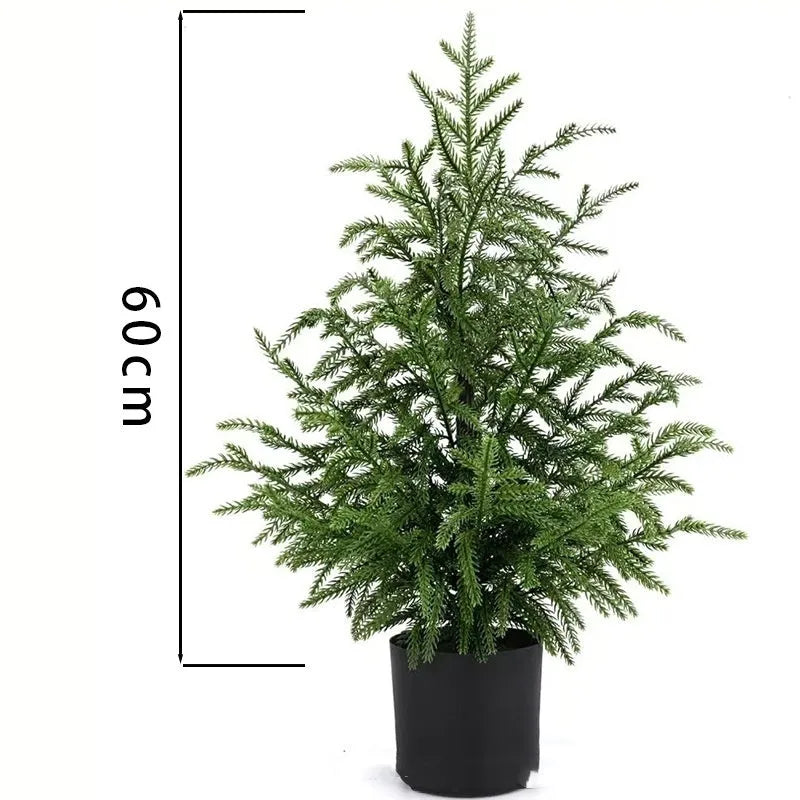 60cm Norfolk Pine Christmas tree with moving fork branches and black flowerpot on a front door step