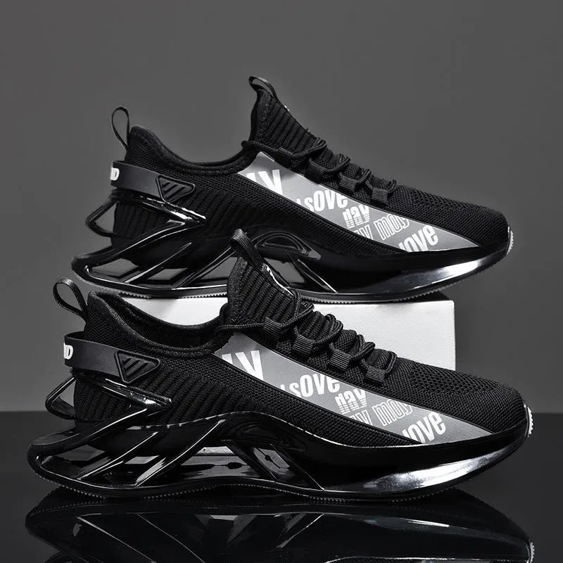 Men's black fly woven mesh casual exercise shoes with embroidery detail on a white background.