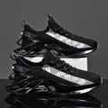 Men's black fly woven mesh casual exercise shoes with embroidery detail on a white background.