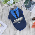 Red and blue thick warm dog coat with V-shaped splicing design on the chest.