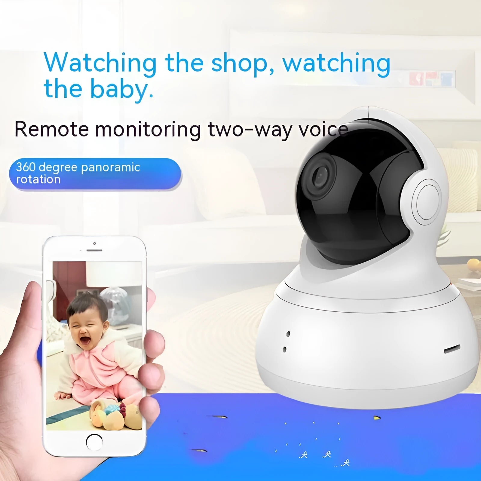 White HD night vision 360-degree surveillance wireless WiFi camera with wall mount for indoor home security monitoring