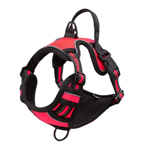 Adjustable dog chest strap harness in Oxford cloth, shown in various colours and sizes.