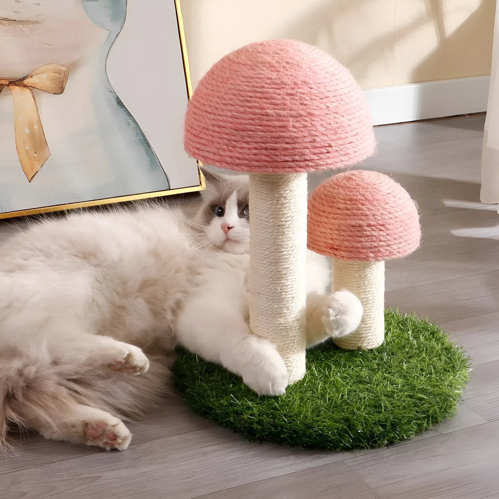 Pink mushroom-shaped cat scratching post with natural sisal caps and pole