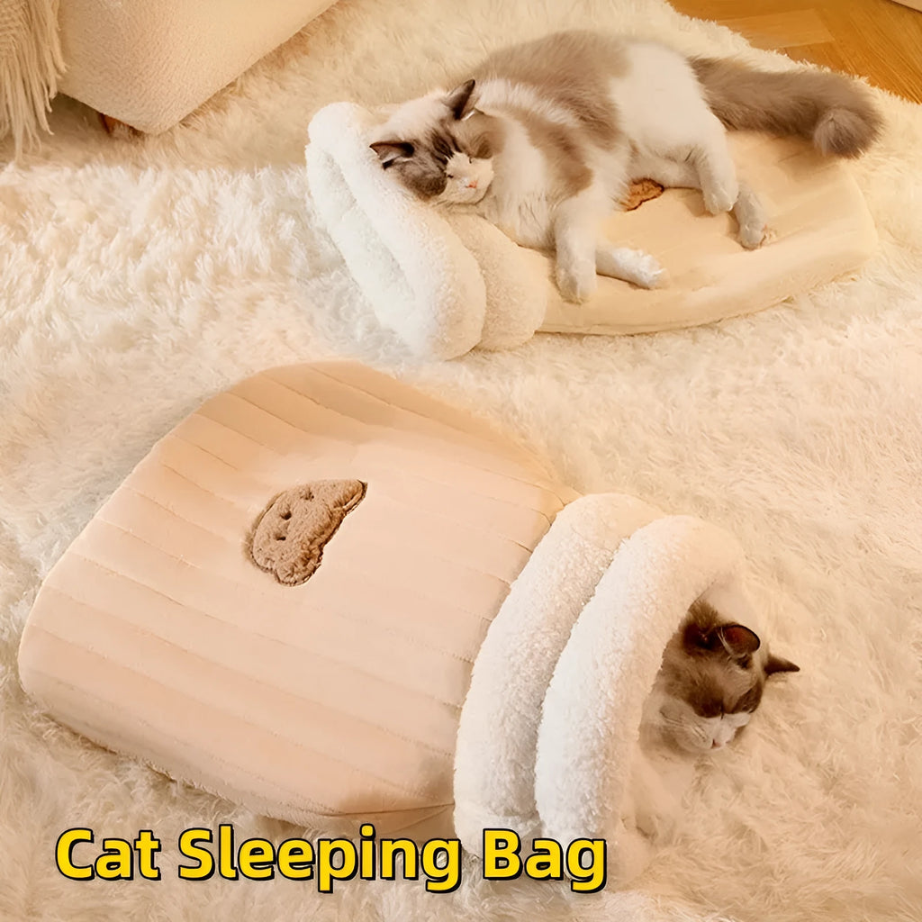 Fleece cat sleeping bag nest in light brown colour with a 3D entrance, shown on a wooden floor.