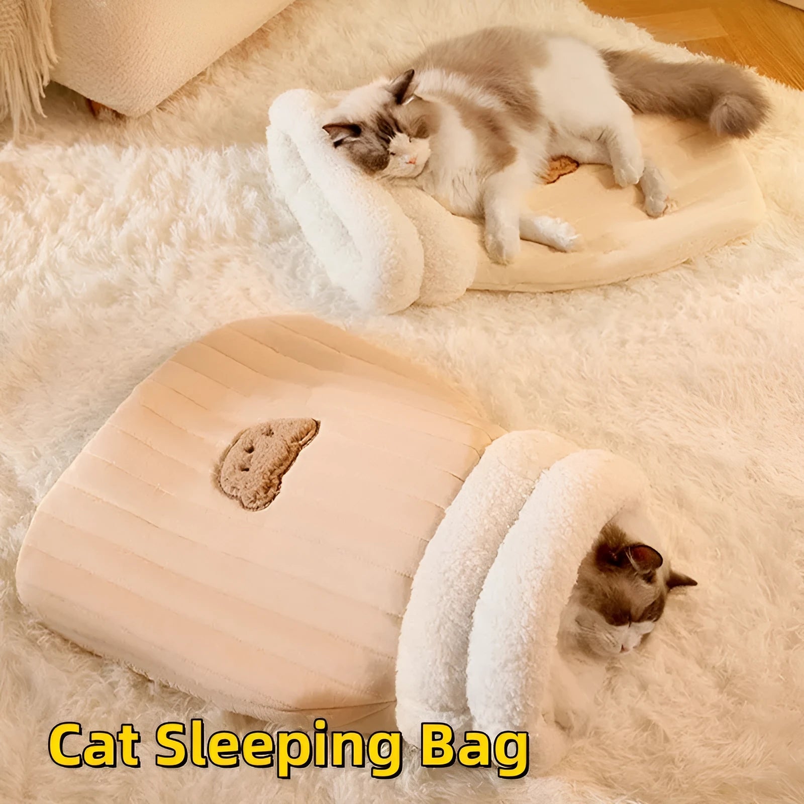 Fleece cat sleeping bag nest in light brown colour with a 3D entrance, shown on a wooden floor.