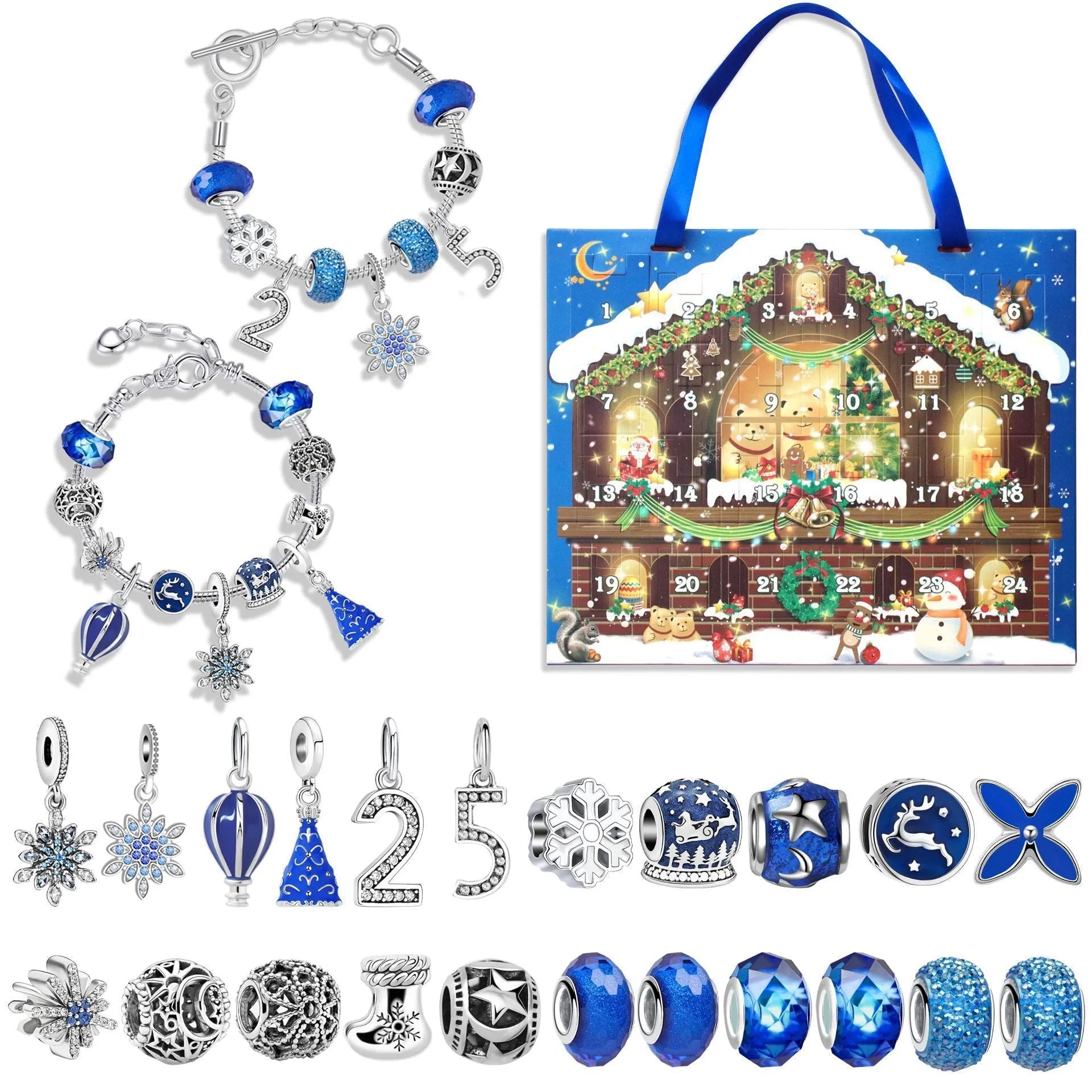 Zinc alloy 25 grid Christmas advent calendar with electroplated finish in blue, featuring a bracelet blind box