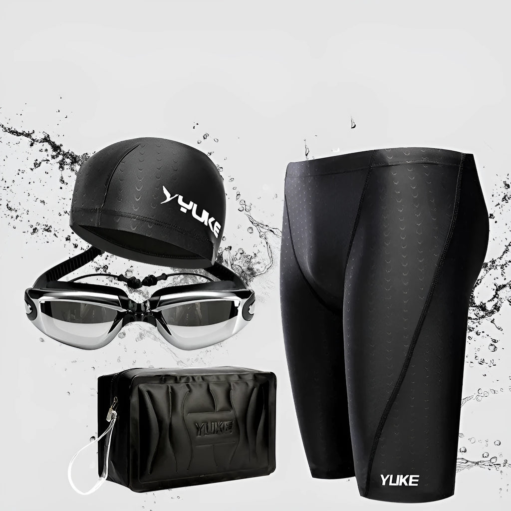 Men's complete swimming set showing briefs, anti-fog goggles, waterproof cap, ear plugs with nose clip, and swimming bag
