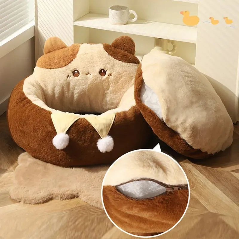 Round pet bed for cats and dogs with soft cushion and polyester cover