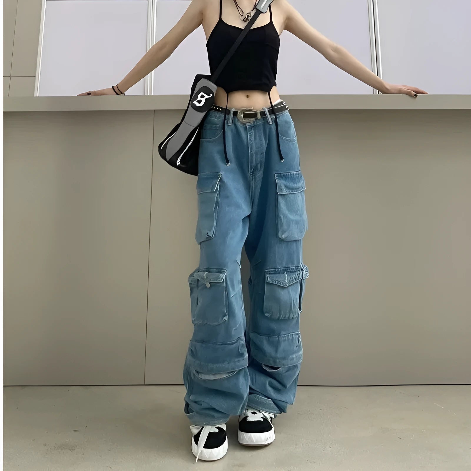 Women's tie-dyed wide leg high waist trousers with multiple pockets in street hipster style