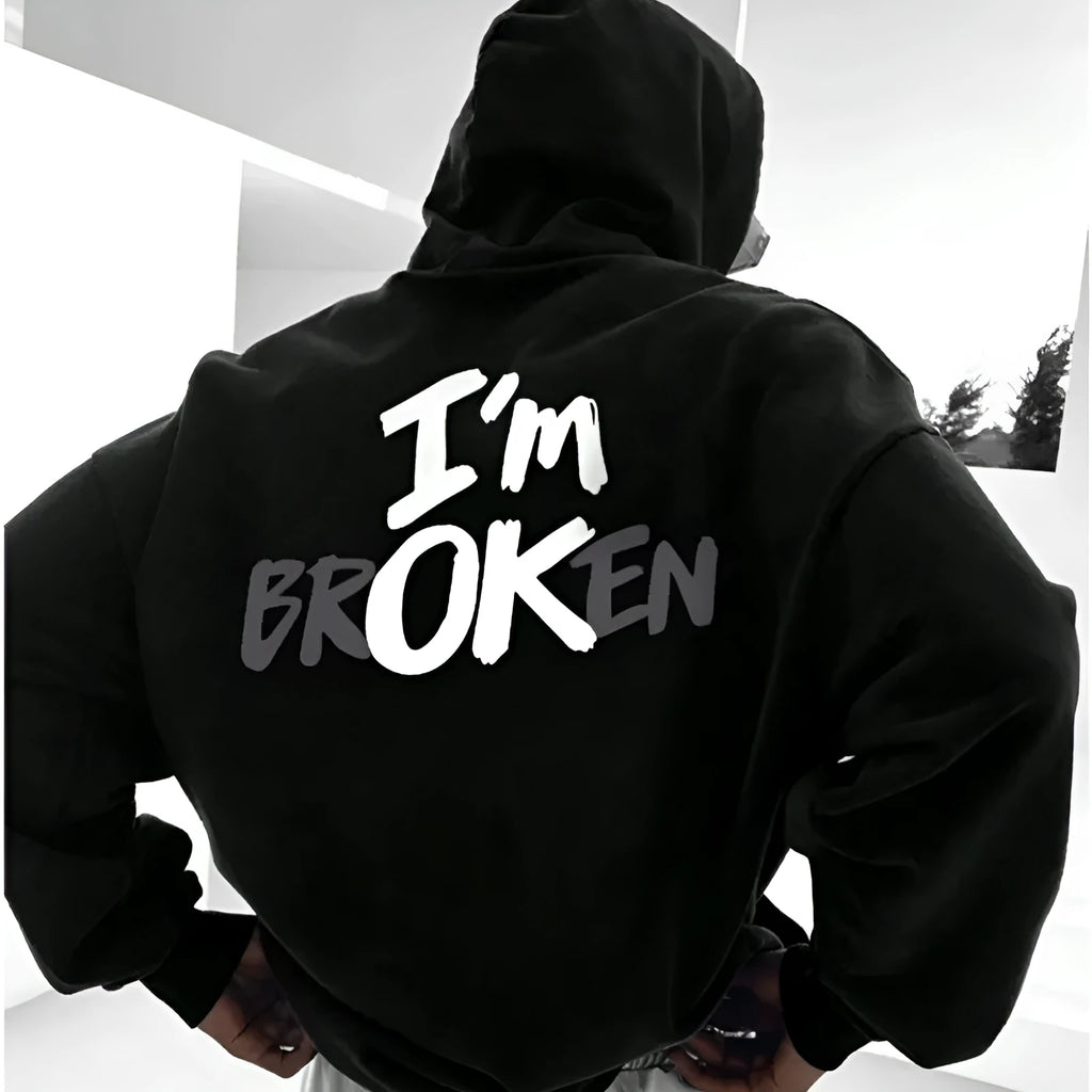 Men's black pullover hoodie with 3D stereo print pattern on front, long sleeves, spandex fabric