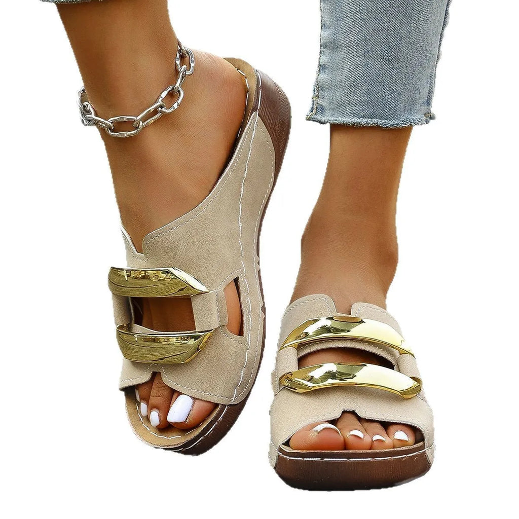 Women's Roman-style platform sandals in white, black, khaki, and sea blue with metal accent on rubber sole.