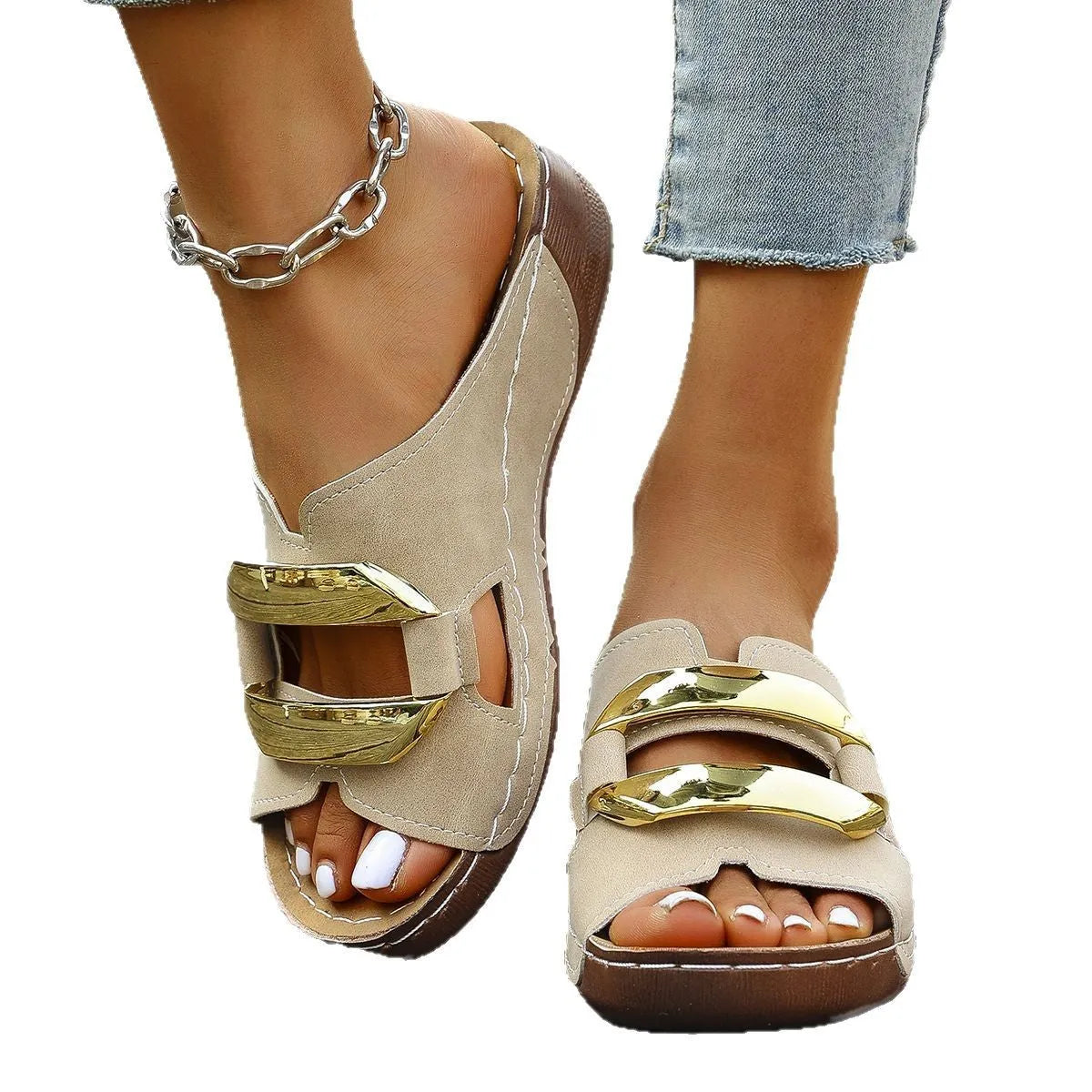 Women's Roman-style platform sandals in white, black, khaki, and sea blue with metal accent on rubber sole.