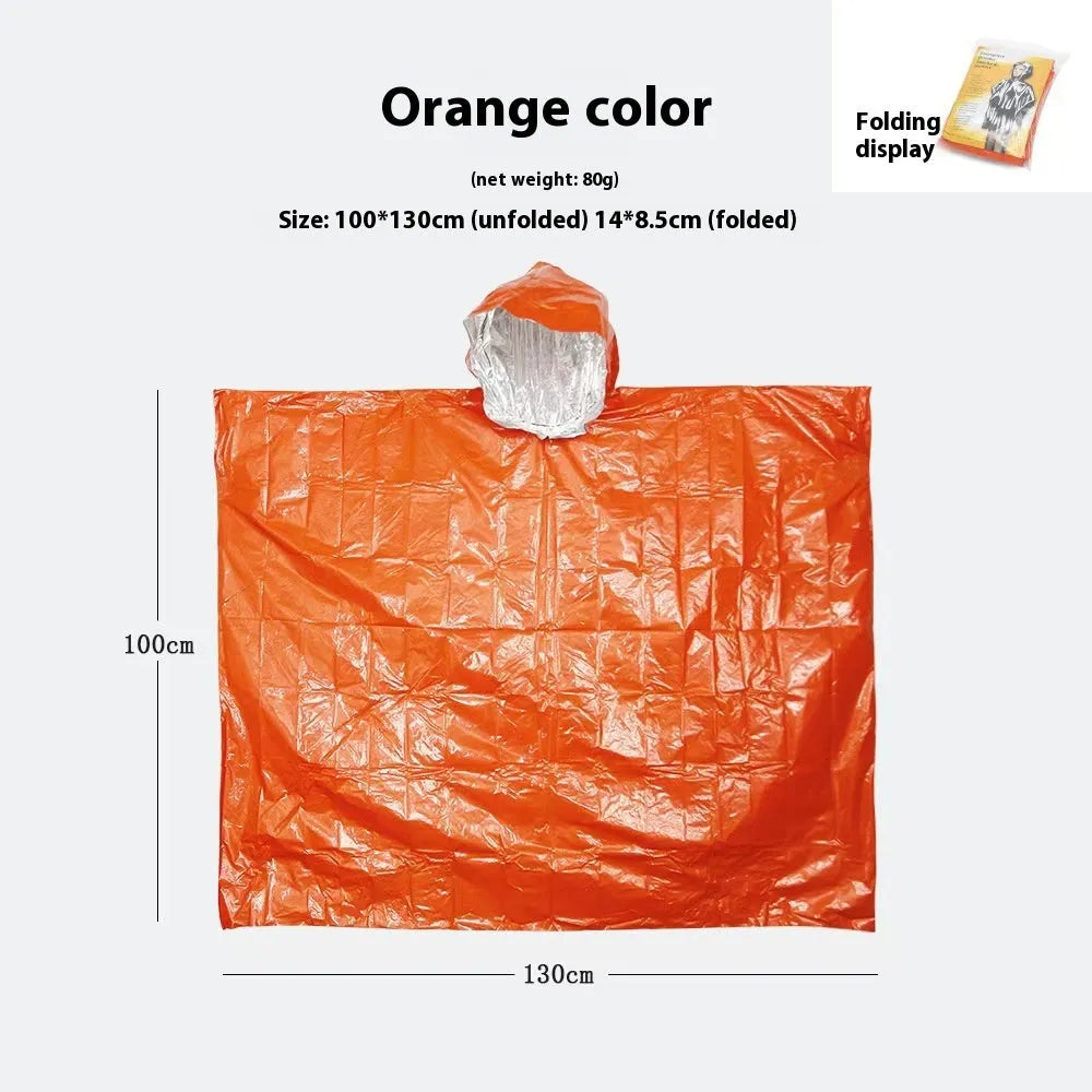 Orange Marathon Wild multifunctional raincoat laid flat, showing its one-size 100x130cm dimensions.