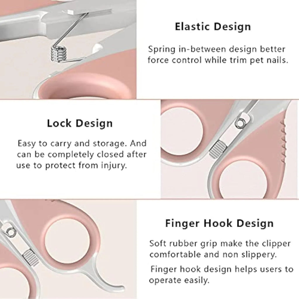 Grey and pink angled cat nail clippers with safety guard and rubberised handles.