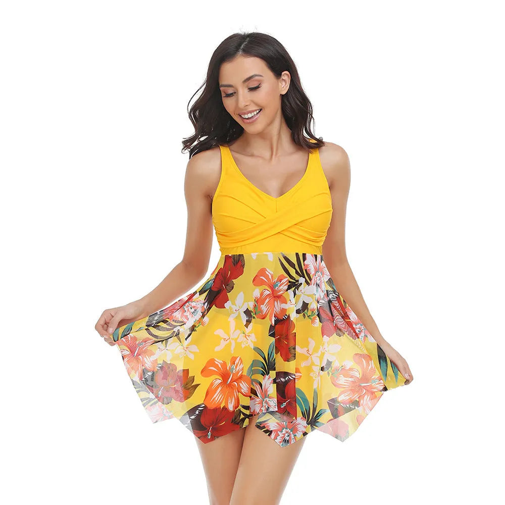 Women's one-piece swimsuit with a black tulle skirt and high-leg split design
