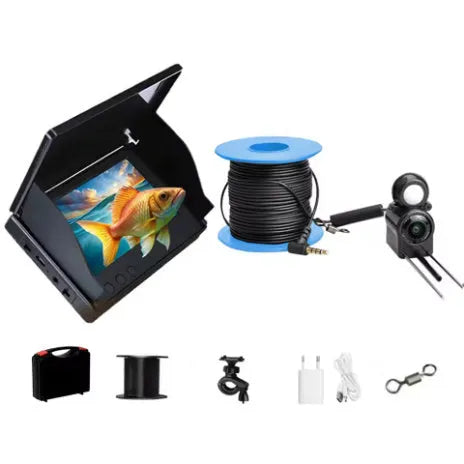 Underwater fish finder HD camera with 4.3-inch screen, showing a video feed of fish and aquatic plants.