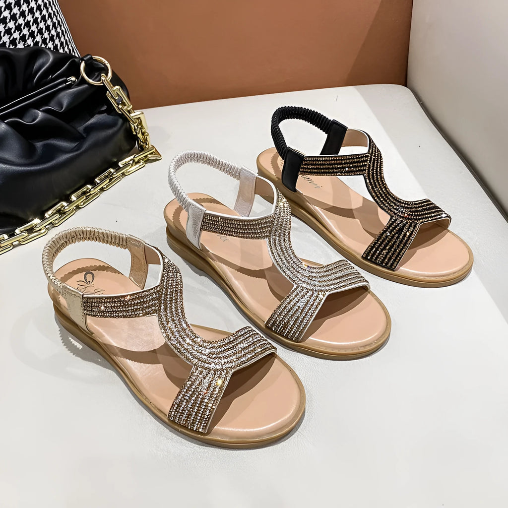 Women's patent leather summer sandals with rhinestones in gold, silver, or black colours
