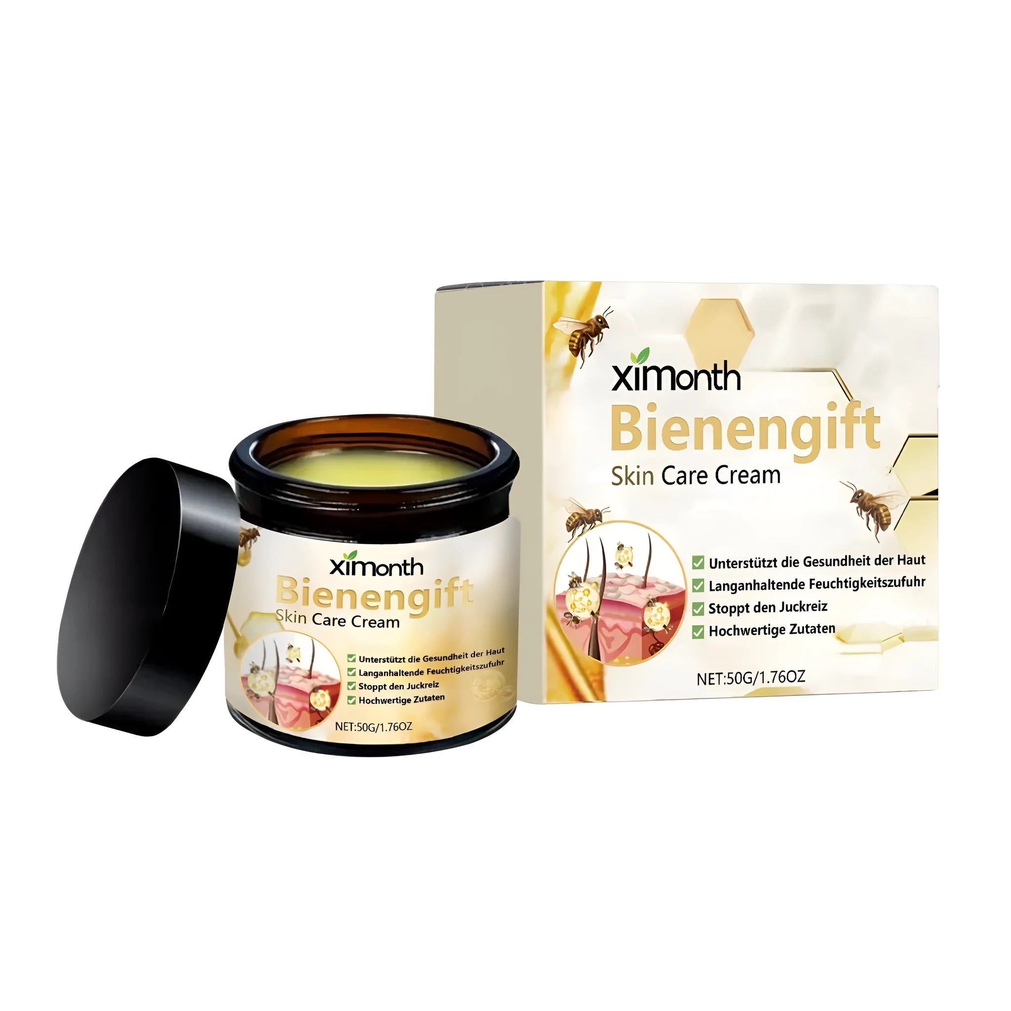 50g jar of skin care cream with mint, bee venom, tea tree oil and licorice extract