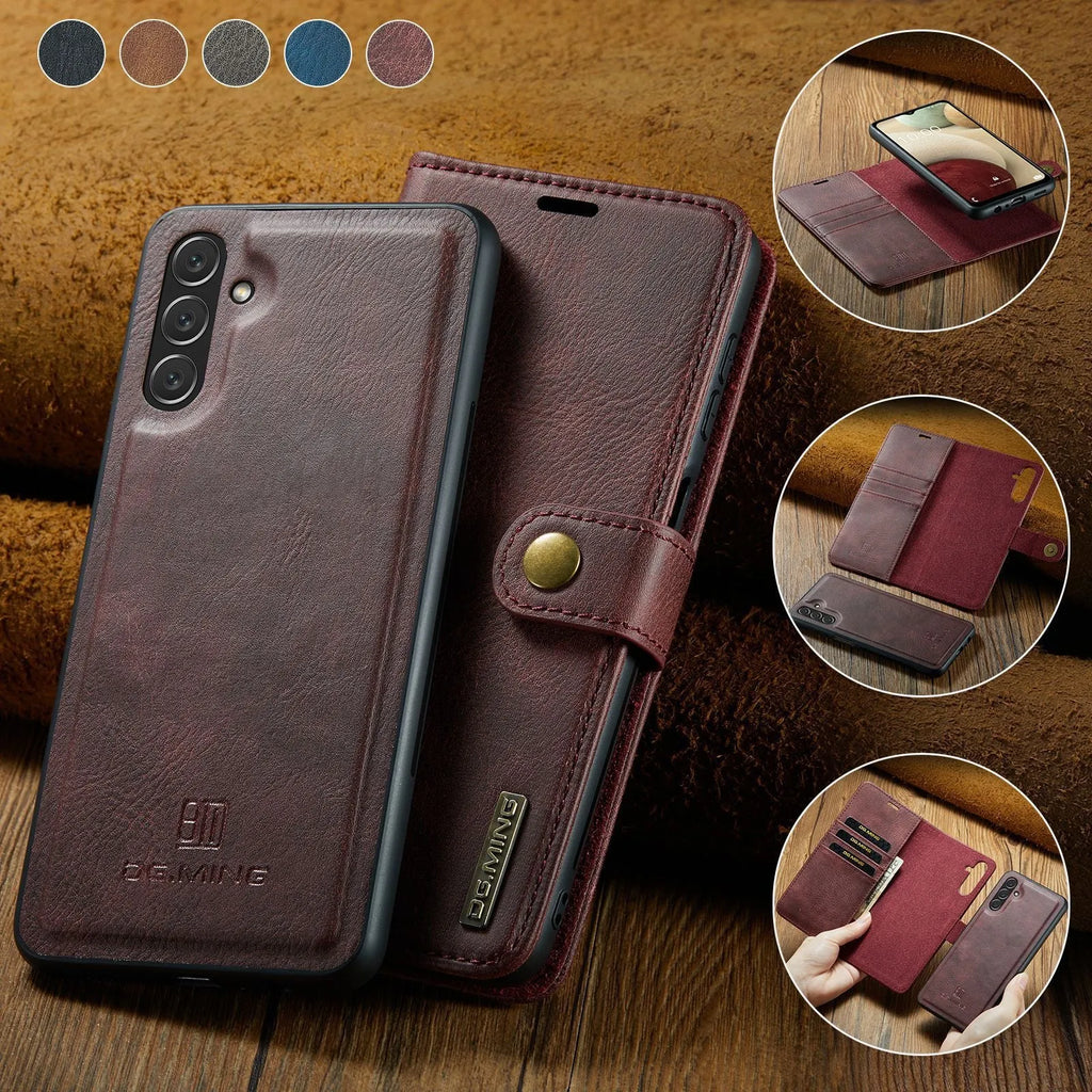 S22 strong magnetic wallet phone case in blue, PU leather with card slots and kickstand