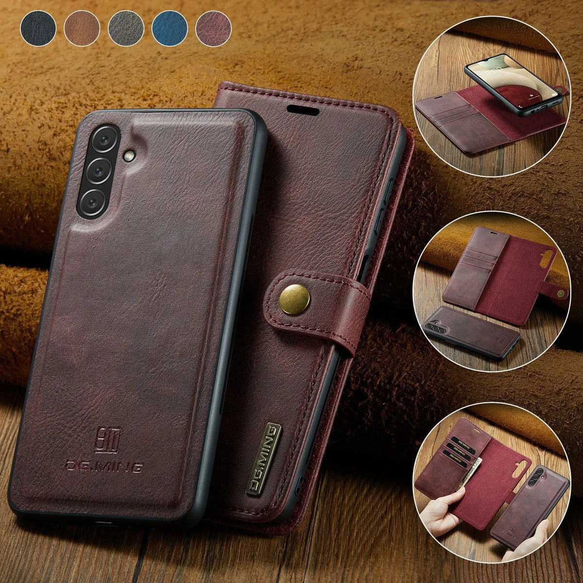 S22 strong magnetic wallet phone case in blue, PU leather with card slots and kickstand