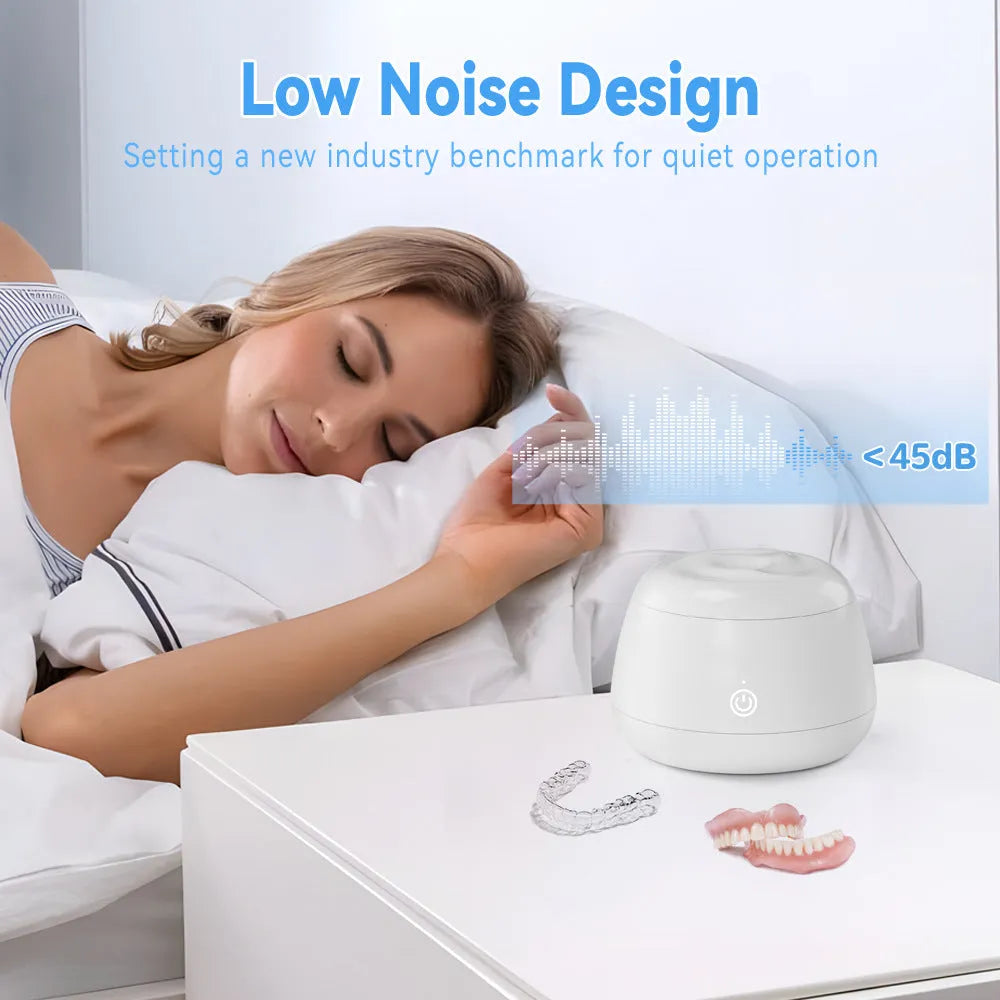 Plastic ultrasonic portable denture cleaner in white with 300ml tank and USB power cable