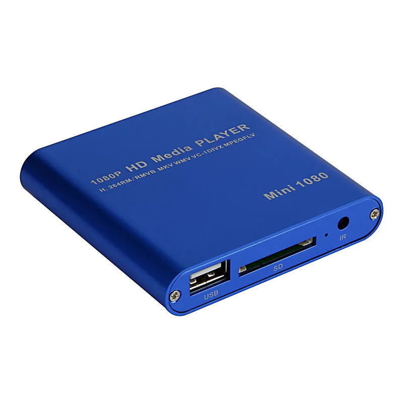 Compact blue or black all-metal 1080P media player with USB, SD card and HDMI ports