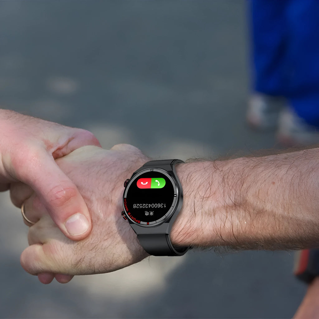 Rotary key Bluetooth smartwatch with touch screen on a genuine leather strap, showing call and fitness tracking interface.